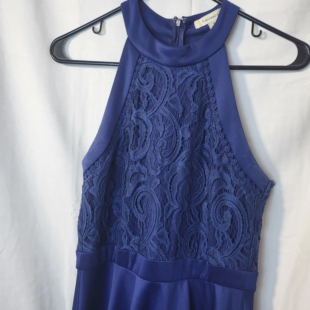 Francesca's Womens Royal Blue Lace Halter Cocktail Dress High Neck Fit & Flare M